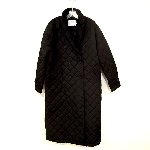 Rebecca Minkoff Double Breasted Quilted Long Black Coat - Picture 2 of 13
